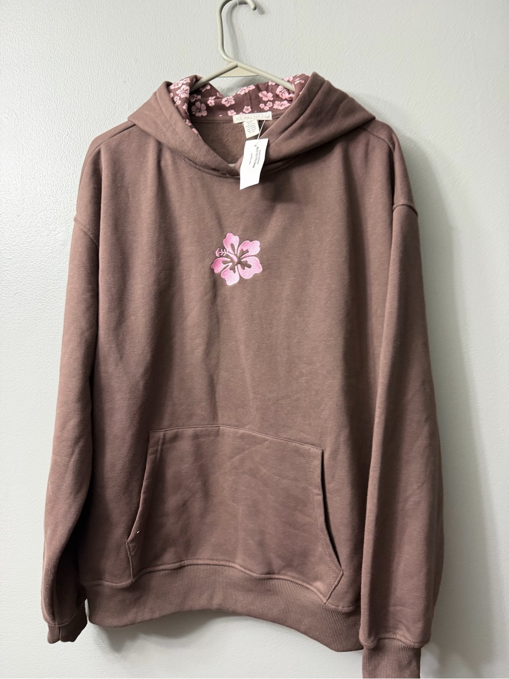 Brown  Floral Lined Hoodie with Pink Hibiscus Accent medium